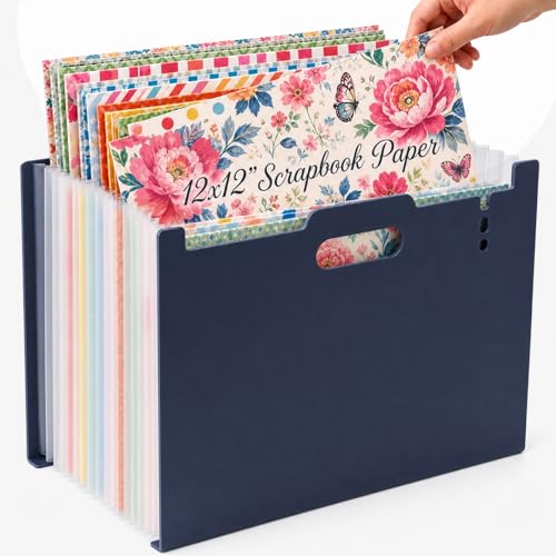 12x12 Scrapbook Paper Storage Organizer, Expandable 13 Pocket Desktop Paper Organizer Storage for Scrapbook Essentials, Large Scrapbook Storage for Photos, Washi Tape, Sticker (Dark Blue) - color: Dark Blue