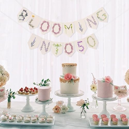 Blooming Into 50 Banner - 50th Wedding Anniversary Decoration, Floral Banner Party Decoration, Happy Fifty Birthday Theme Wreath, Milestone Birthday Party Supplies (Blooming Into 50) - color: Blooming Into 50