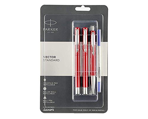 Parker Vector Standard Fountain Pen, Roller Ball Pen And Ball Pen (Red)