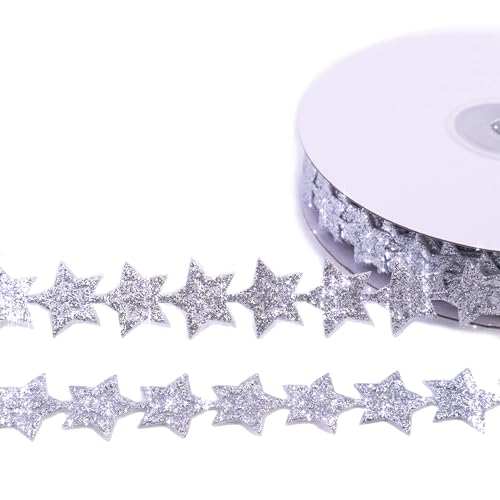 Glitter Star Ribbon Silvery Sparkly Star Ribbon Trim for Crafts Gift Wrapping Wreath DIY 1 Roll 20 Yards 0.8 Inch - color: Silvery