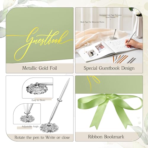 Affrolling Wedding Guest Book Set, Memory Photo Guest Book, Green - color: Green