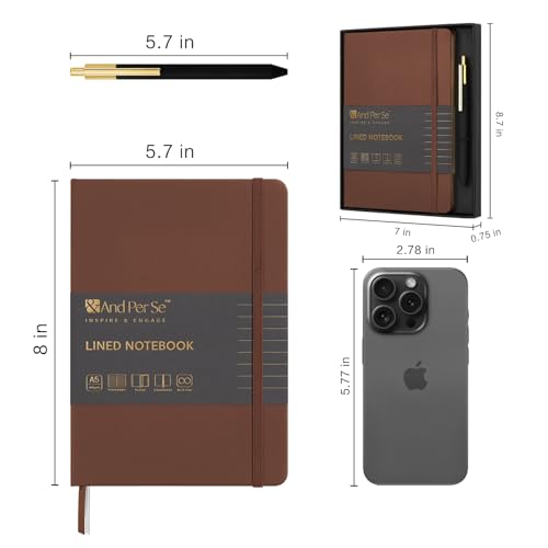 &And Per Se Lined Journal and Pen Set, A5 Leather Hardcover Notebook with Pen & Stationary Set, 160 Pages 100GSM Thick Ruled Paper Journal for Business Work Writing (Brown, Gift Set) - color: Brown
