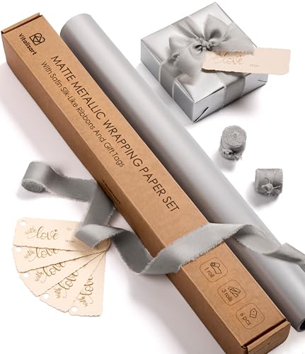 Vitalizart Matte Metallic Silver Wrapping Paper Set 17" Ribbons & Gift Tags | All-In-One Recyclable Luxury Elegant Gift Paper Roll Christmas Holiday Bridal Baby Shower Wedding Girls Boys Birthday 197" - color: Silver Paper & Silver Ribbons, size: 17 Inch