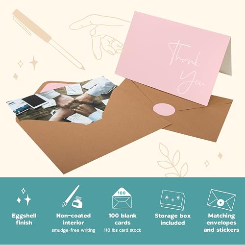 VNS Creations Thank You Cards With Envelopes - 100 Pack 4 x 6 Blank - Pink - color: Pink, size: 100 Pack - 4" x 6" (Value Pack)