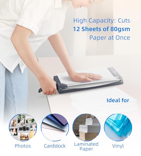 Firbon 12" Guillotine Paper Cutter with Hidden Ruler, Compact Paper Trimmer - color: Gray