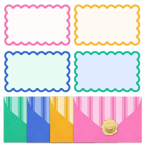 Whaline 60Pcs Flat Blank Note with Envelopes 4 Neon Color Scalloped Stationery Card Non Folding Double-Sided Note Cards for Wedding Birthday Baby Shower, 5.6 x 3.5 Inch - color: pink yellow blue green