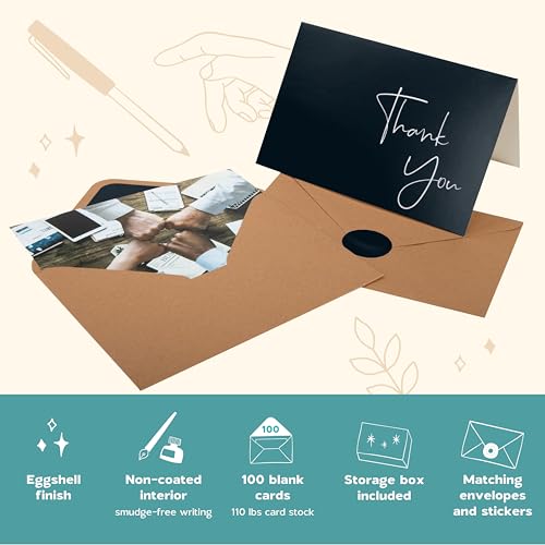 VNS Creations Thank You Cards With Envelopes - 100 Pack 4 x 6 Blank - Black - color: Black, size: 100 Pack - 4" x 6" (Value Pack)