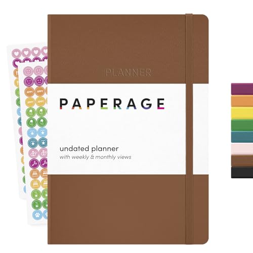 PAPERAGE Undated Weekly & Monthly Hardcover Planner (Cognac), 5.6 in x 8 in, Includes Lined Note Pages & 2 Sticker Sheets - color: Cognac, style: Casebound