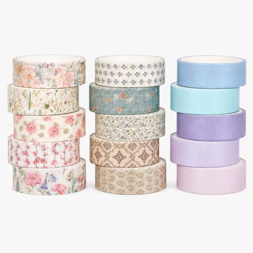 15 Rolls Cute Washi Tape Set, Thin Floral Decorative Craft Tape, Vintage Pastel Scrapbook Supplies Pack, Pink Blue Flower Patterns for Journaling, DIY Cards and Gift Wrap