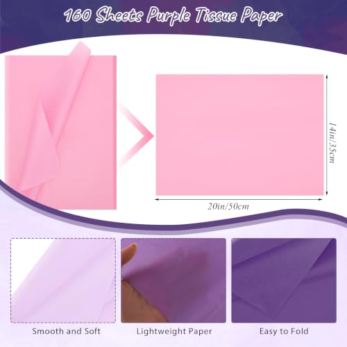 160 Sheets Purple Tissue Paper for Gift Bags 14 x 20 Inch | 4 Colors Soft Tissue Paper for Gift Wrapping DIY Crafts Weddings Birthdays First Day of School Decorations - color: Assorted Purple
