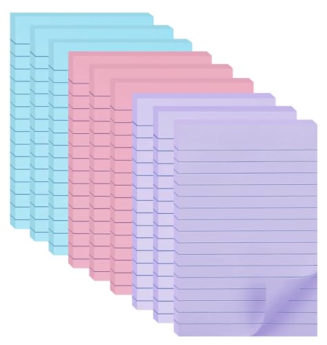 9 Pack Lined Sticky Notes with Lines 4X6 in, Orchid Frost, Pink,Blue Colors - color: Light Purple, Light Blue, Light Pink