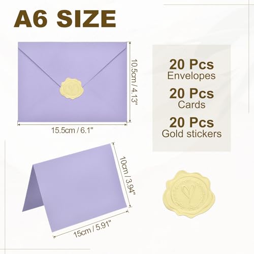 PATIKIL 20Pack Light Purple 4x6 Blank Cards and Envelopes, V Flap A6 Envelopes with Cardstock & Gold Stickers Small for Greeting Cards Wedding Greeting Birthday Invitations Letter Mailing - color: Light Purple, size: 4x6
