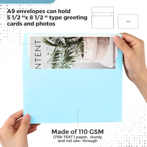 Harloon 100 Pcs A9 Invitation Envelopes 5.75 x 8.75 Inch Self Adhesive Wedding Invitation Envelopes Paper Greeting Card Envelope for Photos Letters Baby Shower Office 110 Gsm Paper(Light Blue) - color: Light Blue