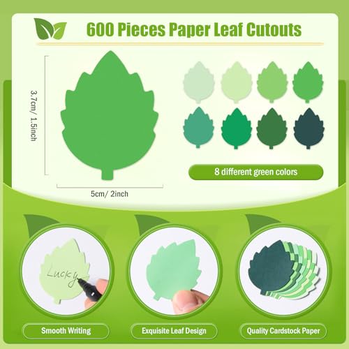 MixTeach 600 Pcs Small Leaves Cutouts Paper Summer Leaf Cut Outs 2" Green Leaf Shapes Die Cuts Mini Classroom Decor for Bulletin Board DIY Crafts School Summer Jungle Wall Décor & Party Supplies - color: Various Green