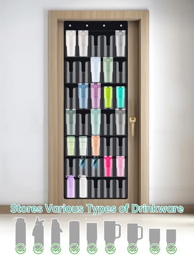 NiHome 35-Pocket Door Hanging Cup Organizer Fit for Stanley Tumbler 30 40oz | Large Capacity Over the Door Water Bottle Storage with Nano Tape, Waterproof Oxford Fabric, U-Shaped Handle Slots (Black) - color: Black (Upgraded), size: 75.2'' x 24.4"