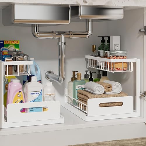 REALINN Under Sink Organizer, L-Shaped 2 Tier Pull Out Cabinet Organizer - color: White, size: 2 Pack