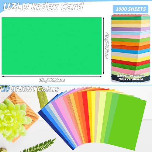 1000 Pcs Colored Index Cards Bulk 4 x 6 Inch Blank Flash Cards 20 Assorted Colors Notecards 180GSM Heavyweight Index Note Cards Portable Note Taking for Studying School College Office Memo