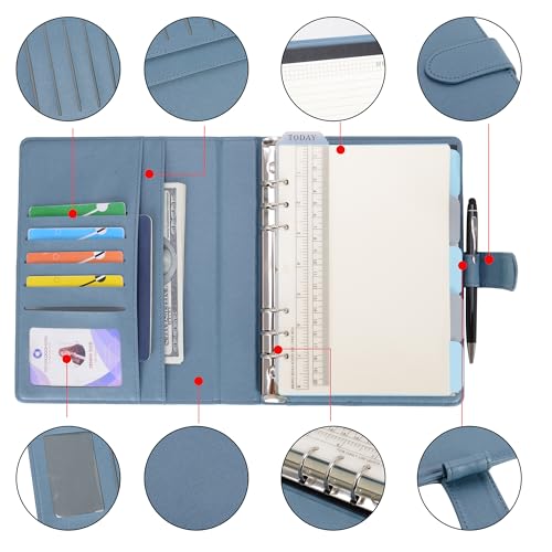 WASON A5 Binder PU Leather Journal Ring Portfolio Lined Notebook Refillable Paper Diary with Removable Clipboard Writing Notepad for Travel Business School Agenda Organizer (Mist Blue) - color: Mist Blue
