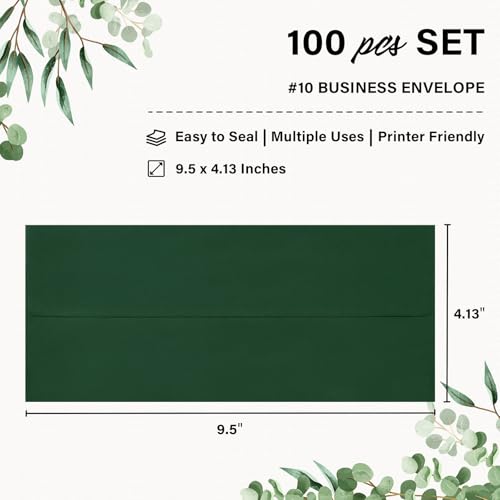100 Pack #10 Dark Green Envelopes Letter Size Self Seal Business Envelopes | Security Mailing Envelopes, 4 1/8 x 9 1/2 Inches, Emerald Green - color: Dark Green, size: 100 Pack