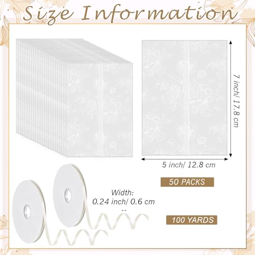 100 Pcs Pre Folded Floral Vellum Jackets for 5x7 Invitations, Wedding Translucent Vellum Paper with Ribbon, Envelope Liners for Wedding Bridal Baby Shower Birthday Mother Event(White) - color: White