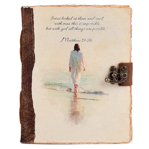 LEATHER VILLAGE Bible Journal Soft Cover Verse, Heritage Brown 8x6. | Matthew 19:26 printed cover, 200 pages of blank deckle edge cotton paper, 8x6 in, antique lock, devotional gift journal - color: MATHEW-19:26