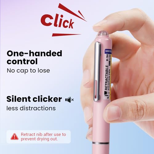 WRITECH Retractable Fountain Pen Set: Black Ink Fine Nib, 5 Refillable Ink Cartridges Included, No Leaking Smooth Writing for Calligraphy Journaling Gift (Pink) - color: Soft Pink Pen