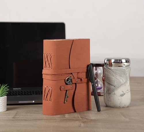 Leather Journal with Deckle Edge Paper 8x6 inch and Vintage Key | Handmade Writing Notebook Diary | Bound Daily Notepad for Men & Women Medium, Sketch/Writing pad for Artists - color: Sunset Peach, size: 8 x 6, style: Unlined Deckle Paper