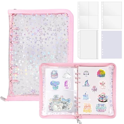 4 In 1 Sticker Storage Organizer, A5 Sticker Binder with Storage Pocket & Release Paper, Glitter Reusable Stickers Book Collecting, Blank Stickers Album Holder for Adult Container Display(Pink) - color: Pink