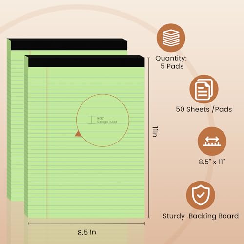 5pcs Legal Pads 8.5 x 11, Perforated Color Notepad 8.5x11, 50Sheets/Pad - color: Multi-color, style: 5 Pads-50 Sheets/Pads