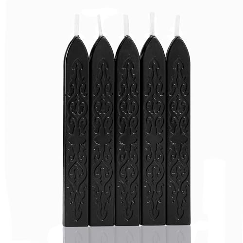 Yoption 5Pcs Black Sealing Wax Sticks with Wicks for Wax Seal Stamp | Embossed Pattern Wax Sticks for Wedding Invitation, Christmas Card, Envelope, Snail Mail, Wine Package, Gift Wrapping - color: Black