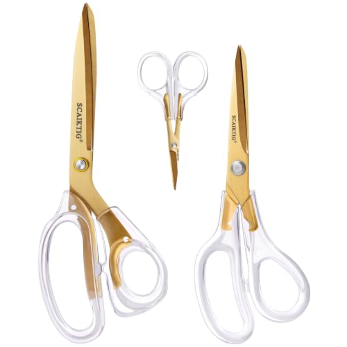 SCAIKTIG Acrylic Scissors Set, Office Scissors for Desk Gold, Clear Comfort-Grip Handles and Titanium Coated Blades, Sharp Scissors all Purpose Heavy Duty for Sewing, Art, Craft, School, Home Supplies - color: Transparent + Gold, size: 3-Pack(9.4"/8"/4")