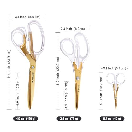 SCAIKTIG Acrylic Scissors Set, Office Scissors for Desk Gold, Clear Comfort-Grip Handles and Titanium Coated Blades, Sharp Scissors all Purpose Heavy Duty for Sewing, Art, Craft, School, Home Supplies - color: Transparent + Gold, size: 3-Pack(9.4"/8"/4")