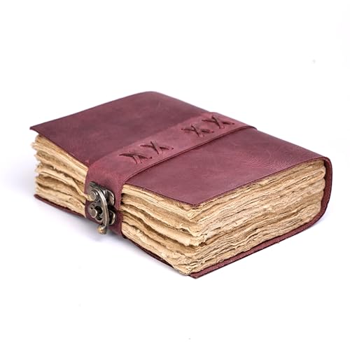 Leather Bound Vintage Journal for Women & Men – Book of Shadows – Lock Closure – 200 Pages of Antique Deckle Edges Handmade Paper (Burgundy, 8 x 6 inches) - color: Burgundy, size: 8 x 6 inches