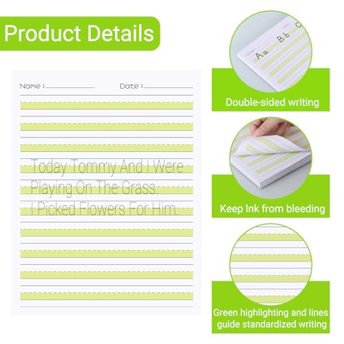 zmybcpack 2 Pack 8.5" x 11" Highlighted Write Beginner Paper for Kids | Handwriting Paper for Kids Letter Positioning (100 Sheets Each Pack, Double Printed) - size: 8.5" x 11"