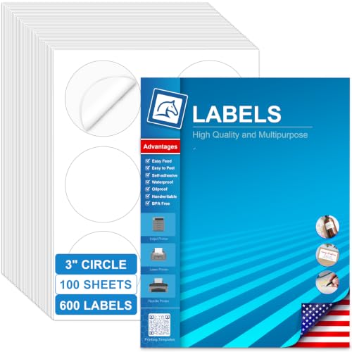 3 Inch Circle Sticker Labels, Round Printable Sticker for Laser Inkjet Printer, Shipping Tag, Warehouse Organizer, Promotional & Big Item Labels, (6 Labels/Sheet), 100 Sheets - size: 3 IN-100 Sheets(HB-C006)