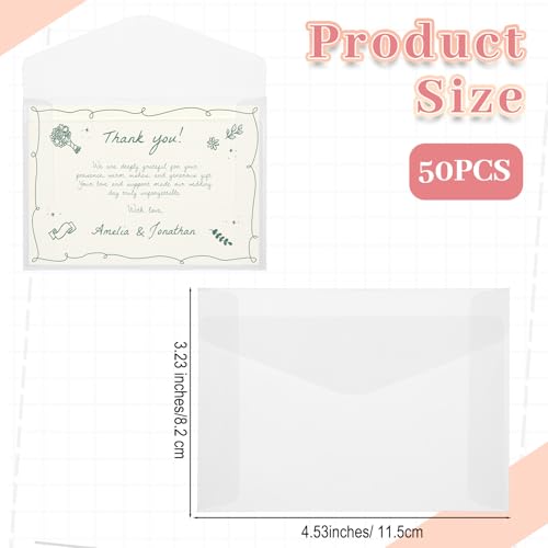 Xindojuz 50 PCS Vellum Envelopes, 4.5 × 3.2 Inch Translucent Glassine Envelope Self Sealing Mini Clear Envelopes Holders for Seeds Coin Stamp Collecting Lottery Ticket Gift Card Wedding Invitation - size: 3×5