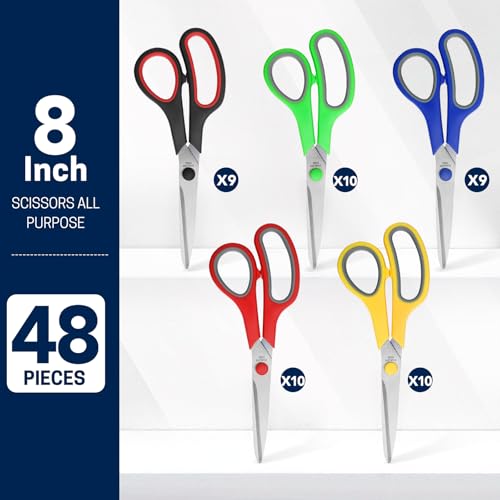BURVAGY 48 Pack 8" Scissors All Purpose, Heavy Duty Scissors for Office | Scissors Bulk Multipurpose Comfort-Grip Sharp Adult Office Scissors Set Sewing Fabric Stainless Steel Blades, Right/Left Hand - color: 48 Pack