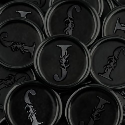 25Pcs Black Wax Seal Stickers Handmade Vintage Botanical Leaves Adhesive Letter Wax Stickers for Wedding Party Invitations, Envelope, Gift Wrap, Christmas(Initial J, Black) - color: Black-25pcs, size: J