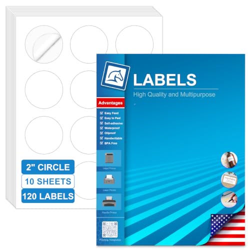 2 Inch Round Printable Labels, White Blank Circle Stickers for Laser Inkjet Printer, Wedding Favor, Candle, Cosmetic Jar & Handmade Craft Labels 120 Adhesive Labels (10 Sheets) with Template - size: 2 IN-10 Sheets(HB-C012)