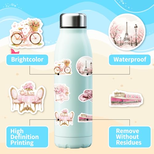 50 Pcs Pink Paris Aesthetic Stickers for Gril, Watercolor French Travel Stickers, Cute Parisian Vinyl Decals for Laptop, Water Bottle, Journal, Scrapbooking, Paris Lovers Gifts - color: Paris