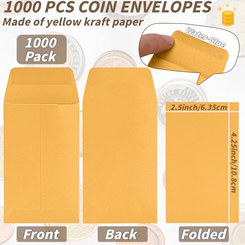 1000 Pack Small Coin Envelope 4.25x 2.5in Gold Kraft Money Envelope Small Cash Envelopes Mini Key Envelopes with Gummed Flap for Home and Office Use - color: Gold, size: 4.25x 2.5in-1000 PCS