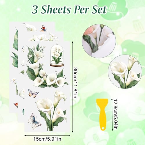 Rub on Transfer Stickers, 3 Sheets Waterproof Calla Lily Rub on Transfers for Crafts for Furniture Crafts DIY Home Office Decor - color: Calla Lily