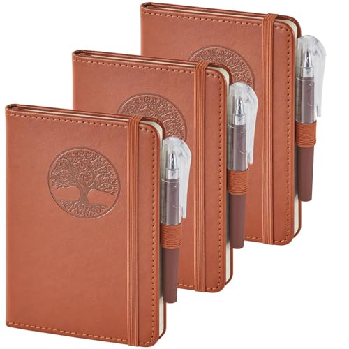 3 Pack Pocket Journal Notebooks, A6 Small Mini Notepad with Pens, 3.7" x 5.7" Leather Hardcover Note Book for Women/Men Work, 400 Pages 100GSM Lined Paper, Brown - color: 3 Brown, size: A6