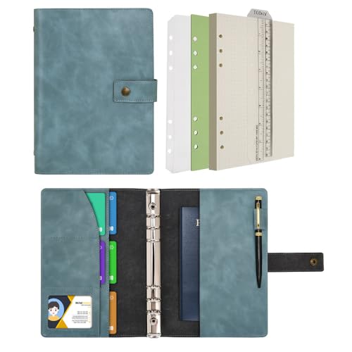 Wonderpool Leather Journal Refillable Notebook Spiral Diary Binder Portfolio - A5 Dot Grid Paper & Inner Pockets for Travel Work and Personal Organizer (Lake Blue, A5) - color: Lake Blue, size: A5