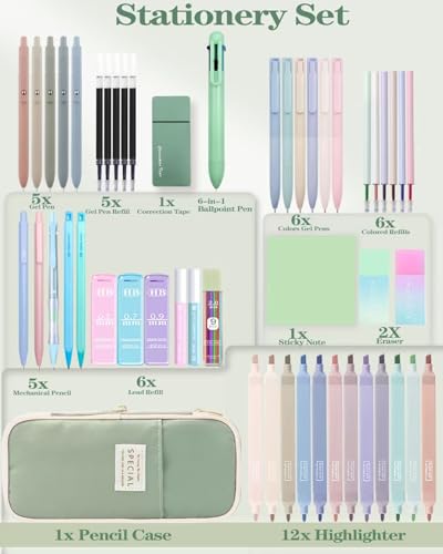 JIZHIYUAN 54X Aesthetic School Supplies with Green Pencil Case for Students - color: Green