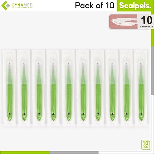 Cynamed Disposable Scalpel Blades| Sharp, Tempered Stainless-Steel Blades | Pack of 10 Sterile Scalpel Knives| Plastic Handle| Individual Pouches| for Dermaplaining, Crafts & More (No.10) - style: No.10