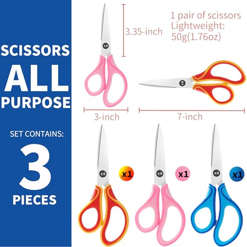 7" Kids Scissors Ages 8+ for School, 3-Pack Soft Comfort Grip, Pointed Tip | Durable Stainless Steel Blades Perfect for Students Class Projects, DIY, Arts, Home, Red/Pink/Blue
