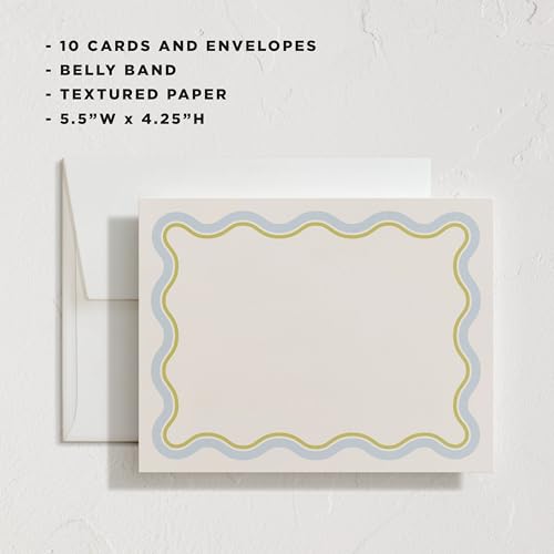 Minted Squiggled Stationery Set, Set of 10, Flat Note Cards & Envelopes for Invitiations and Handwritten Thank You Messages, Pale Blue & Chartreuse Border, Gifts for Men and Women, Luxurious Paper - color: Squiggled