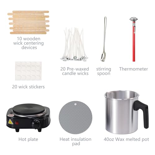 Aroparc Wax Melting Pot with Hot Plate, 40oz/1200ml Pouring Pot | 5 Temperature setting hot plate, Large capacity melting pot 40oz, Candle making wicks&stickers, Thermometer and others - size: 40oz-Kit-Hot Plate