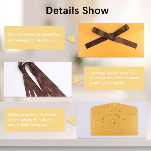 20 Pack Pearlescent Deep Yellow Decorative Envelopes with Ribbon Bow, 8x4 Inch Christmas Cash Gift Envelope, Greeting Invitation Envelope Classical Pure Set for Wedding Birthday Festival and Party - color: deep yellow